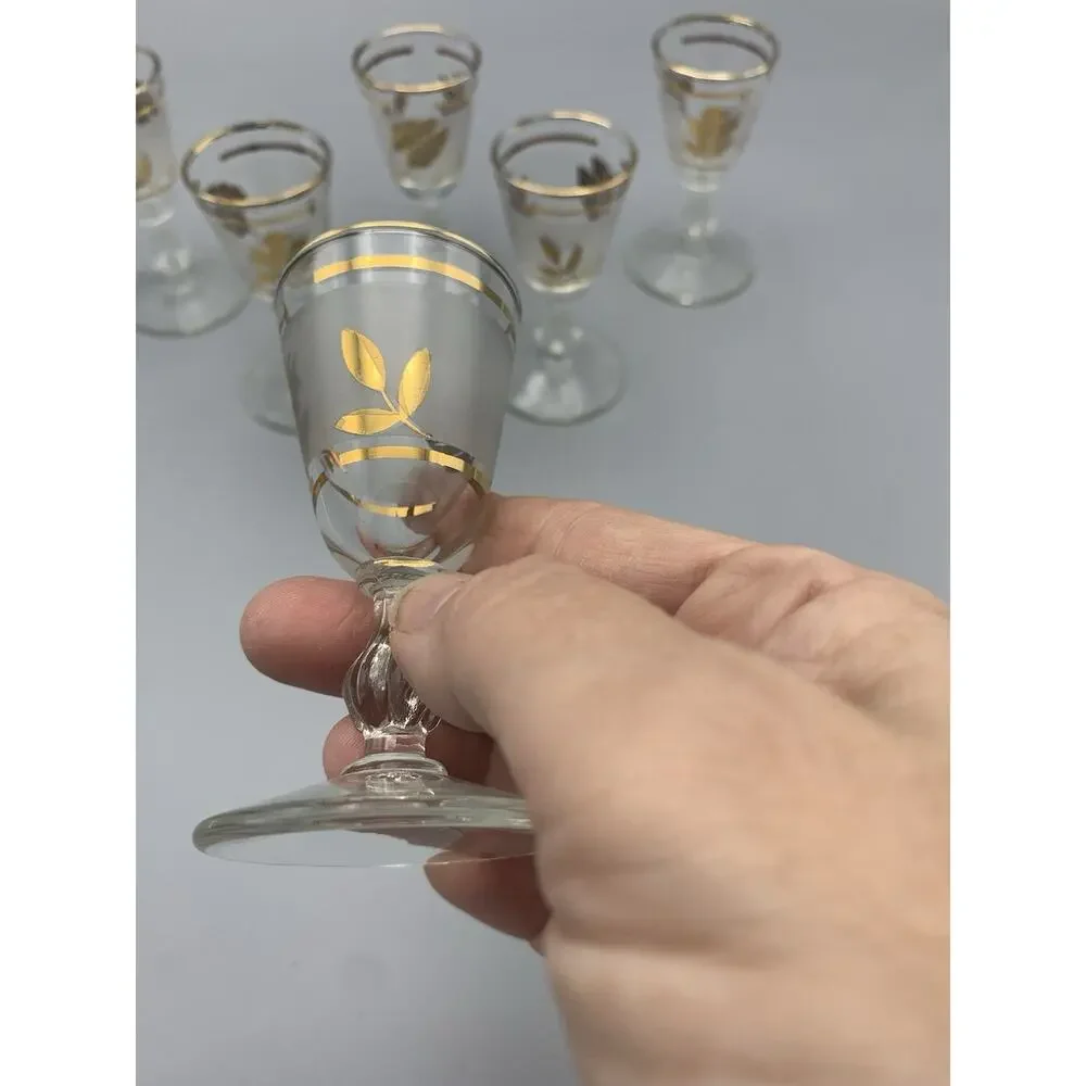 Vintage Mid Century Libbey Shot Glasses, Set Of Six, Frosted With Gold Leaf MCM